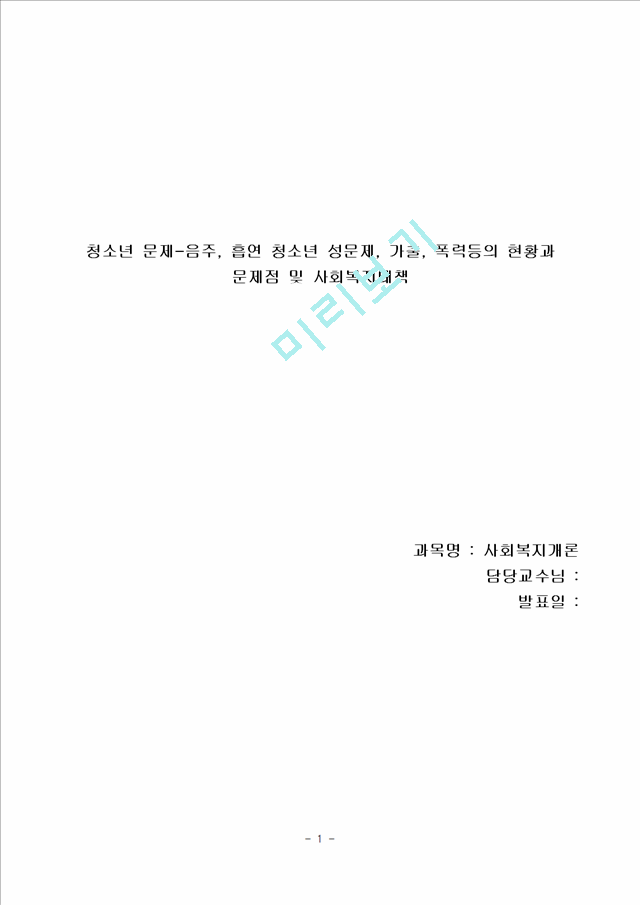 1500원][청소년복지, 청소년 문제] 청소년 문제-음주, 흡연 청소년 성문제, 가출, 폭력등의 현황과 문제점 및 사회복지대책.hwp